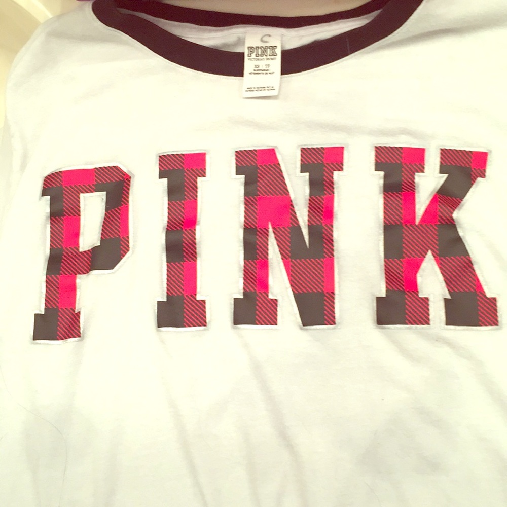 “Pink” branded tee shirt, white black and plaid